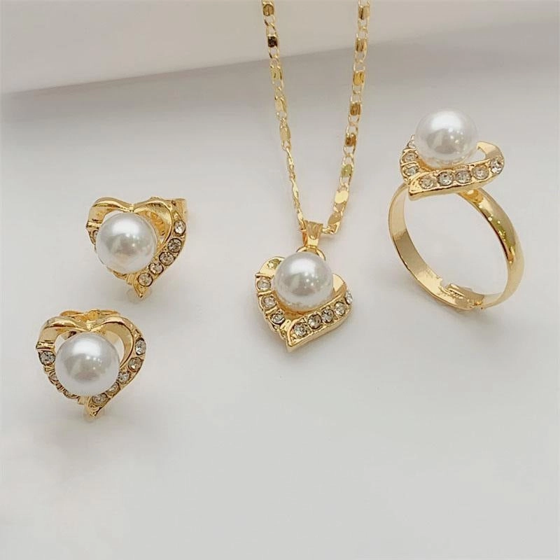 Wholesale Fashion Creative High-end Design Diamond Square Imitation Pearl Earrings Ring Necklace Set