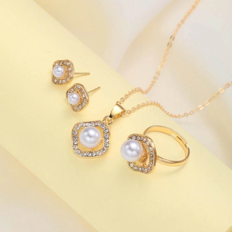 Wholesale Fashion Creative High-end Design Diamond Square Imitation Pearl Earrings Ring Necklace Set