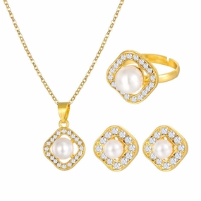 Wholesale Fashion Creative High-end Design Diamond Square Imitation Pearl Earrings Ring Necklace Set