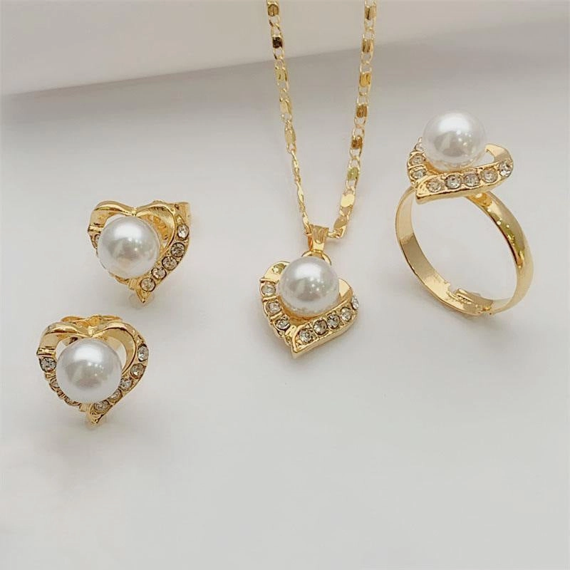 Wholesale Fashion Creative High-end Design Diamond Square Imitation Pearl Earrings Ring Necklace Set