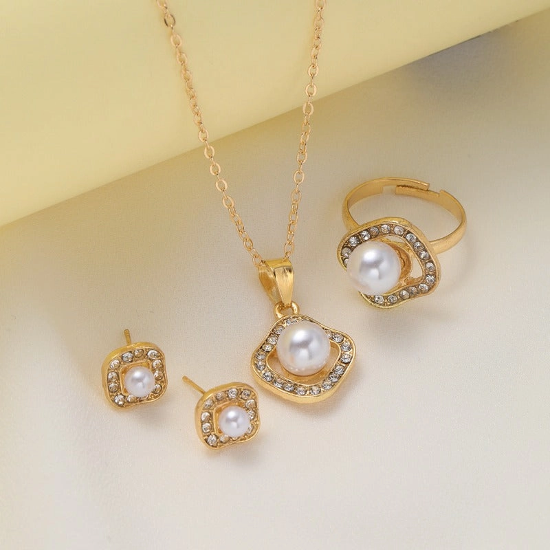 Wholesale Fashion Creative High-end Design Diamond Square Imitation Pearl Earrings Ring Necklace Set
