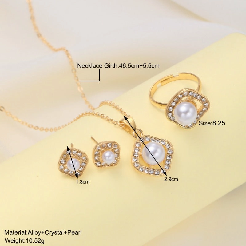 Wholesale Fashion Creative High-end Design Diamond Square Imitation Pearl Earrings Ring Necklace Set