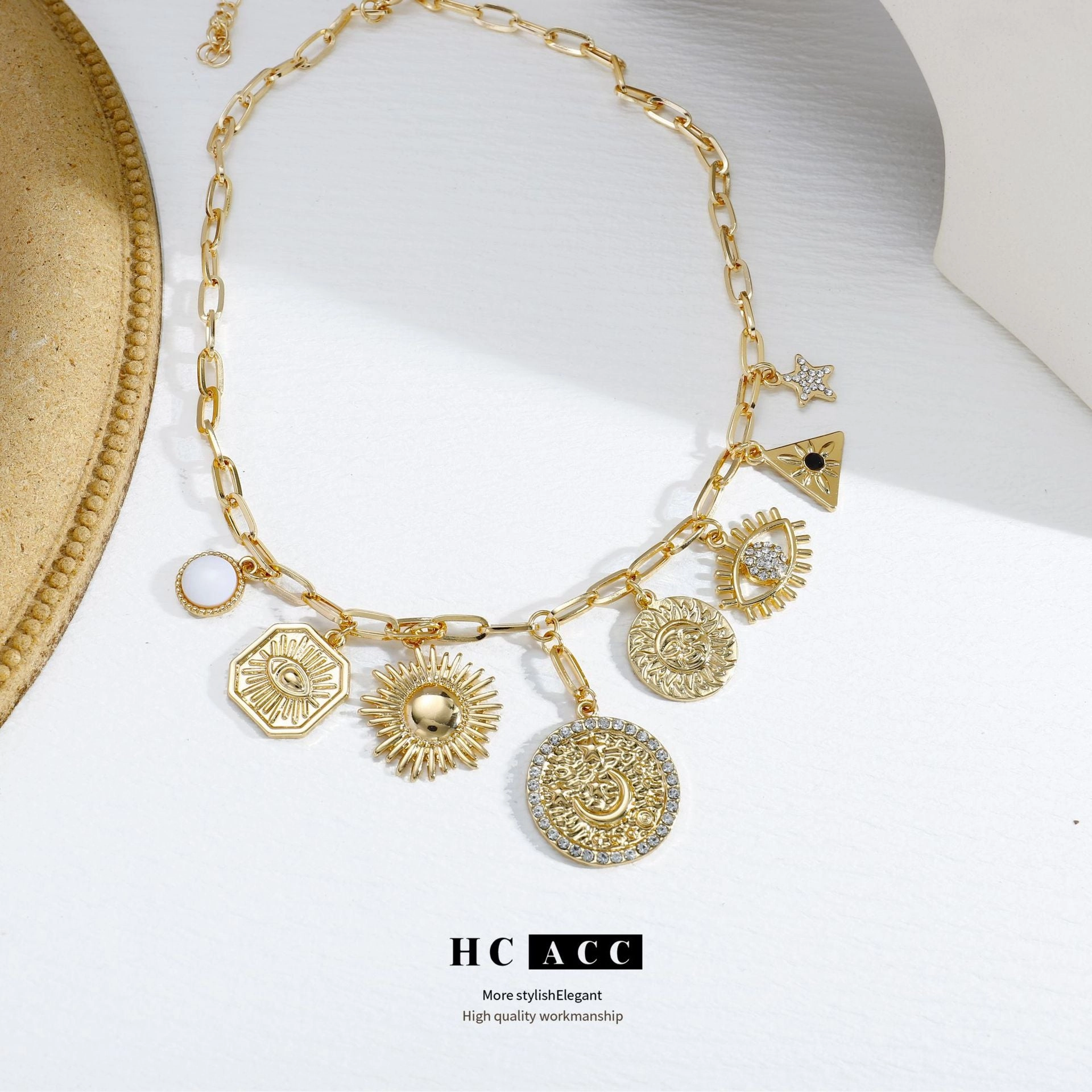 Wholesale Fashion Design Multi-element Demon Eye Moon Diamond Pendant Necklace