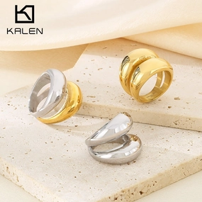 Wholesale Fashion Exaggerated Gold Arc Top Mirror Polished Electroplated 18k Real Gold Titanium Steel Double Row Rings