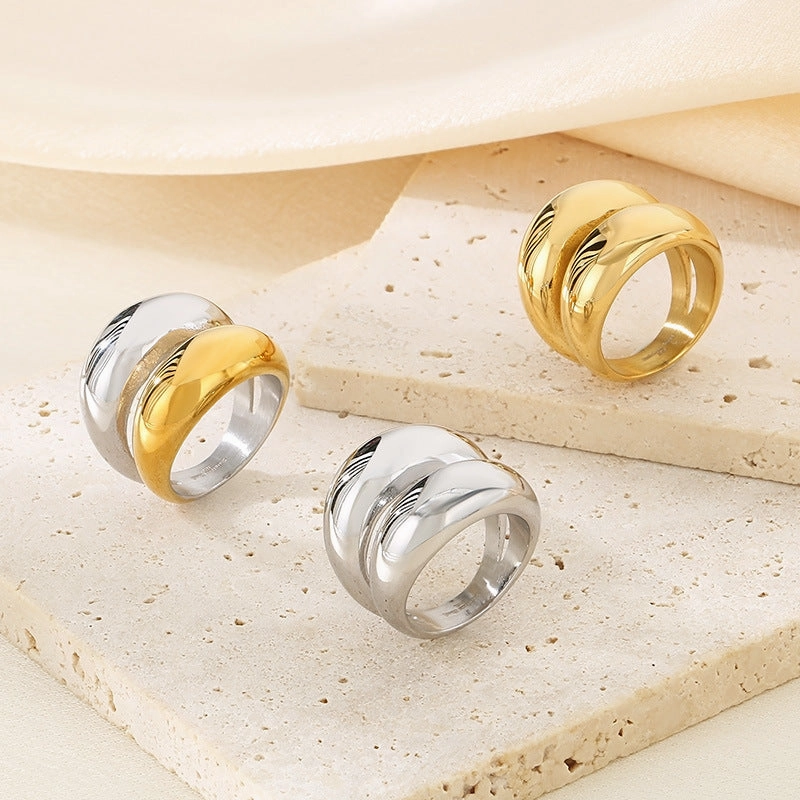 Wholesale Fashion Exaggerated Gold Arc Top Mirror Polished Electroplated 18k Real Gold Titanium Steel Double Row Rings