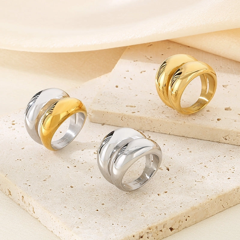 Wholesale Fashion Exaggerated Gold Arc Top Mirror Polished Electroplated 18k Real Gold Titanium Steel Double Row Rings