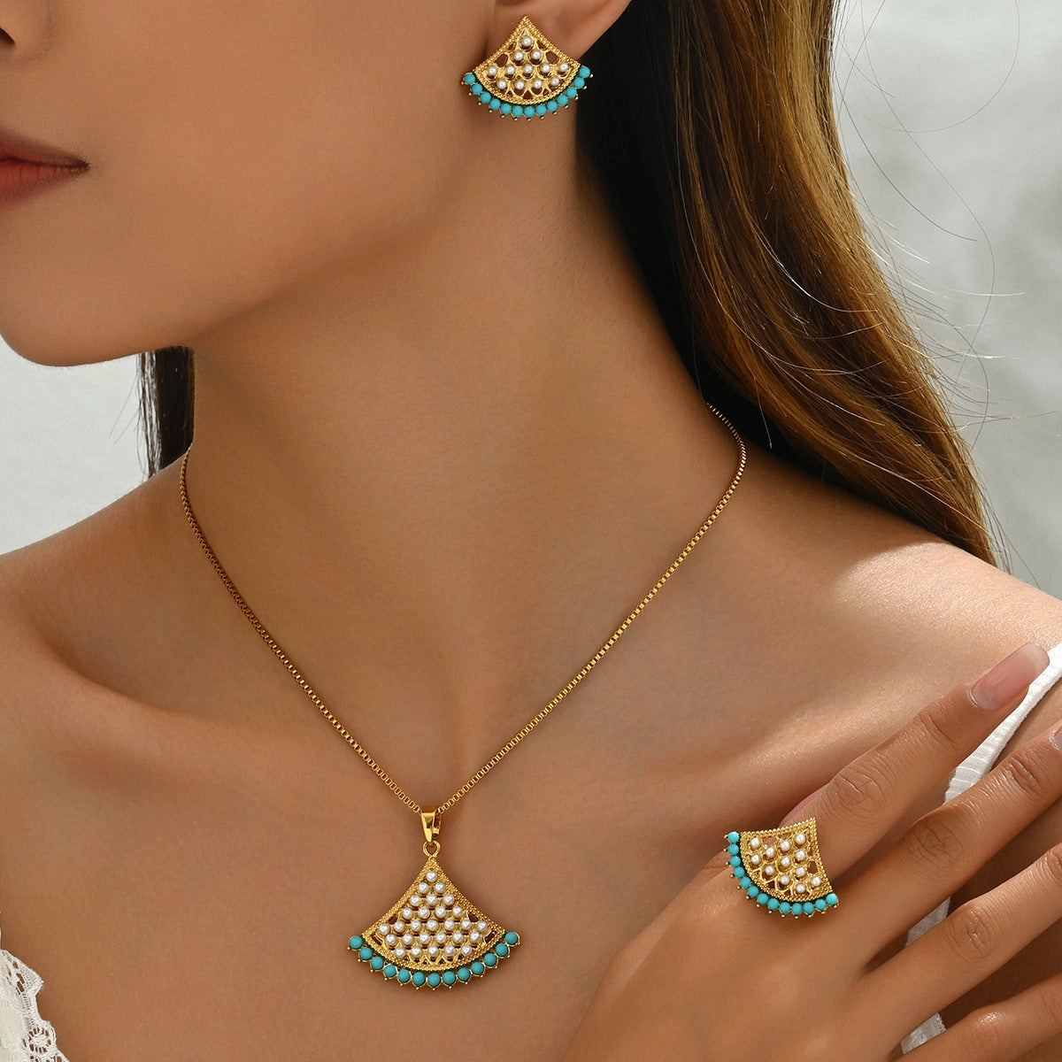 Wholesale Fashion Fan-Shaped All-Match Pearl Inlay Ring Earring Necklace Set