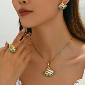 Wholesale Fashion Fan-Shaped All-Match Pearl Inlay Ring Earring Necklace Set