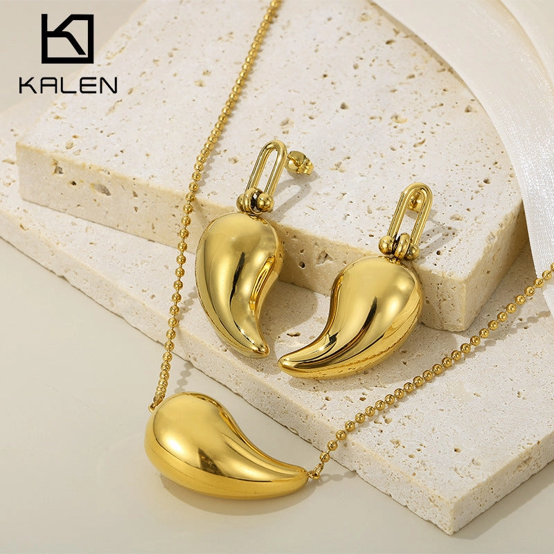 Wholesale Fashion High-end Design Chubby Water Drop Earrings Stainless Steel Hollow Necklace Temperament All-match Set
