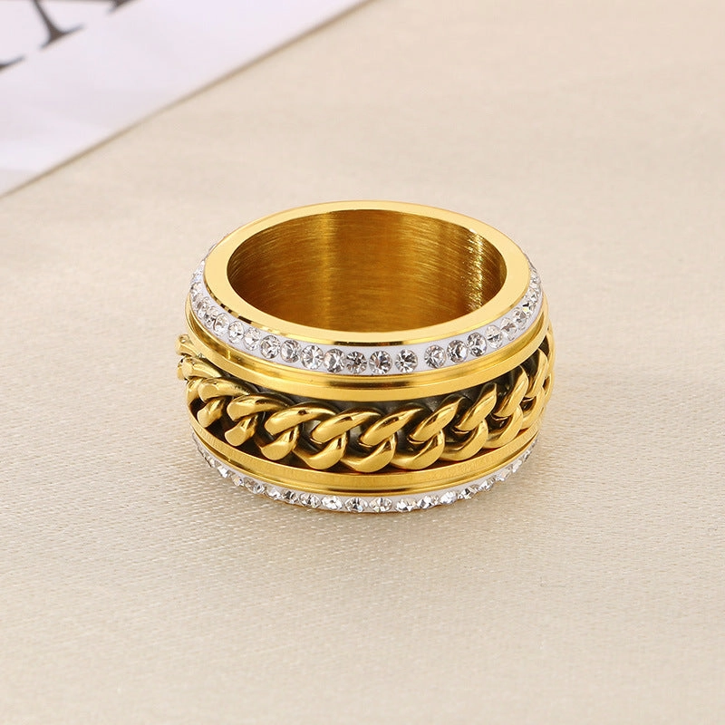 Wholesale Fashion Hip-hop Side Diamond Chain Atmospheric Gold Wide Face Full Diamond Stainless Steel Rings