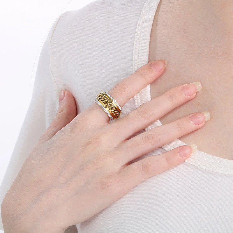 Wholesale Fashion Hip-hop Side Diamond Chain Atmospheric Gold Wide Face Full Diamond Stainless Steel Rings