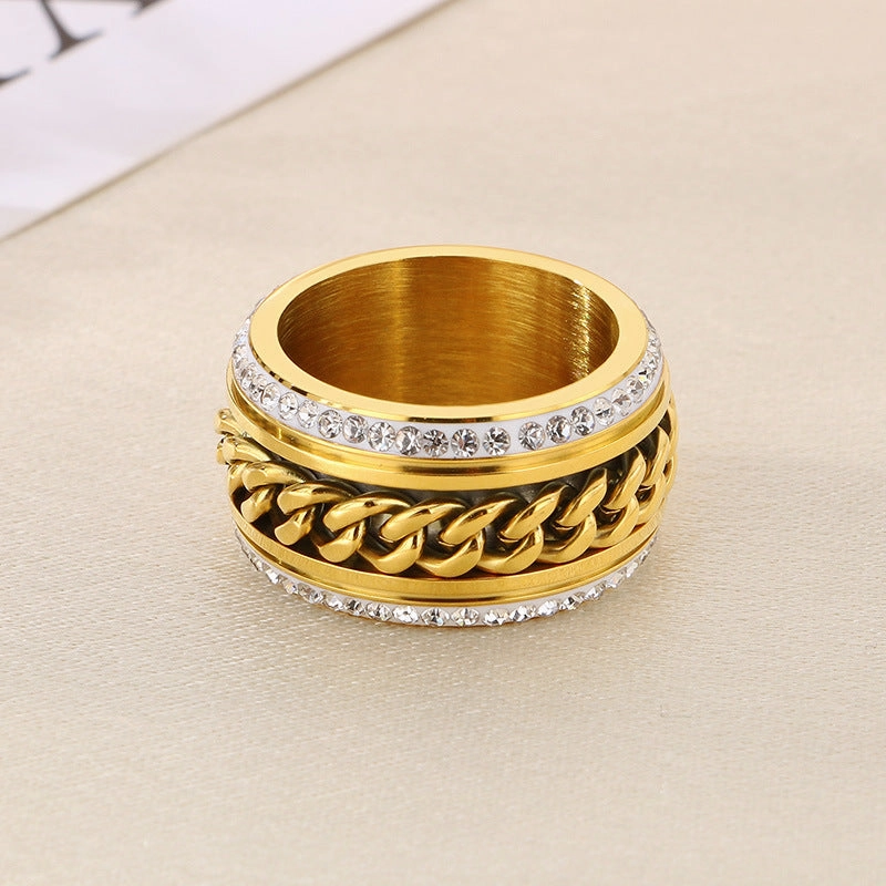 Wholesale Fashion Hip-hop Side Diamond Chain Atmospheric Gold Wide Face Full Diamond Stainless Steel Rings