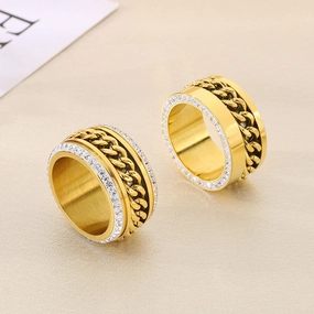 Wholesale Fashion Hip-hop Side Diamond Chain Atmospheric Gold Wide Face Full Diamond Stainless Steel Rings