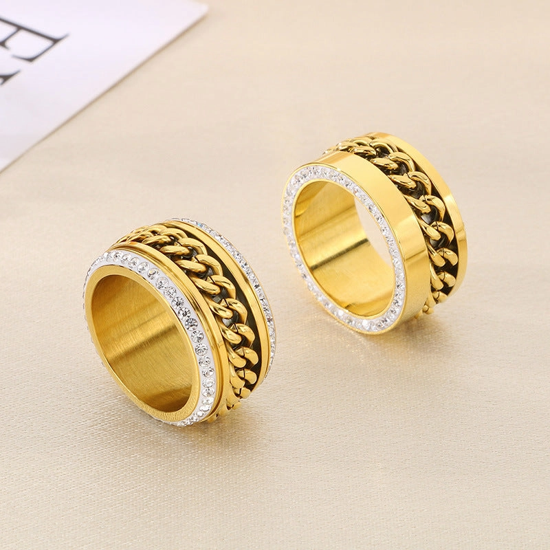 Wholesale Fashion Hip-hop Side Diamond Chain Atmospheric Gold Wide Face Full Diamond Stainless Steel Rings