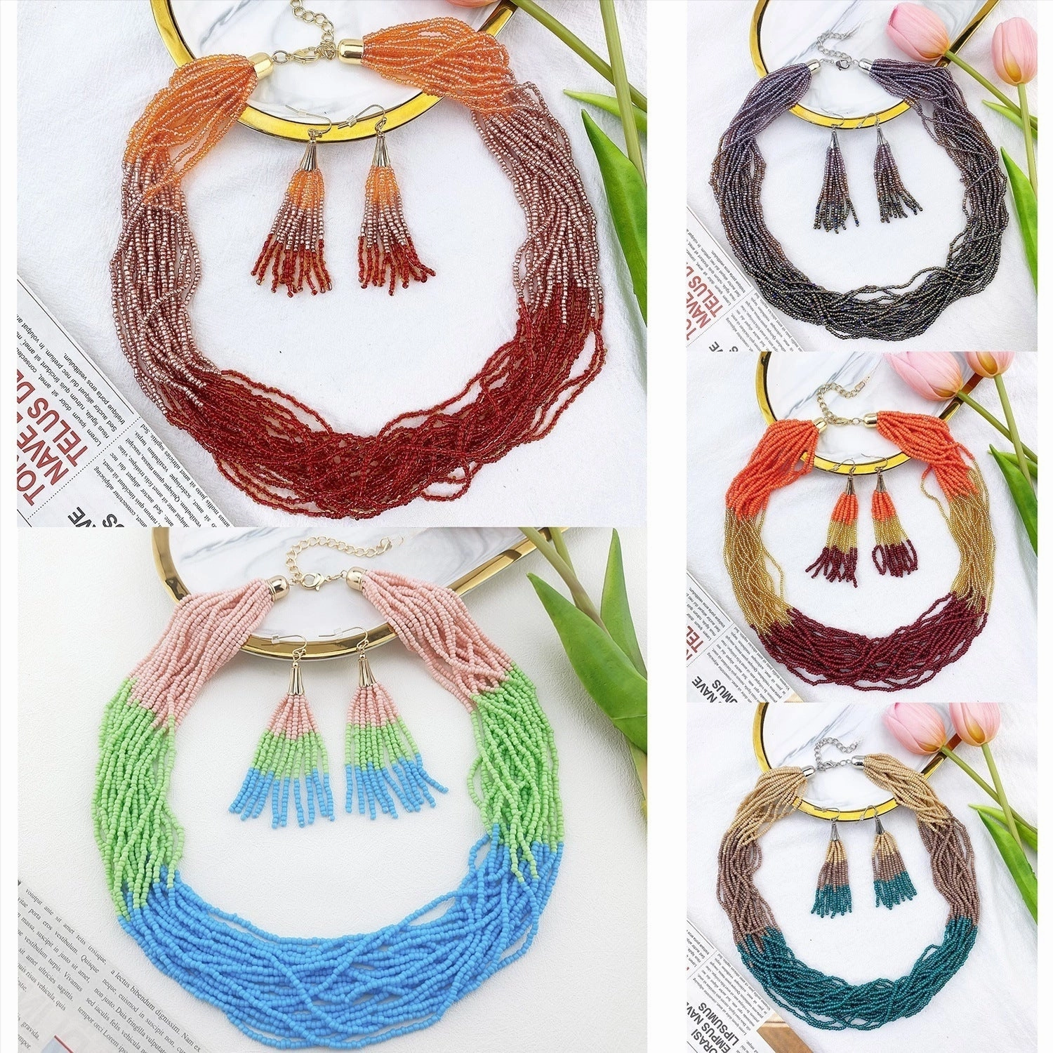 Wholesale Fashion Multi-layer Mixed Color Rice Bead Tassel Earrings Necklace