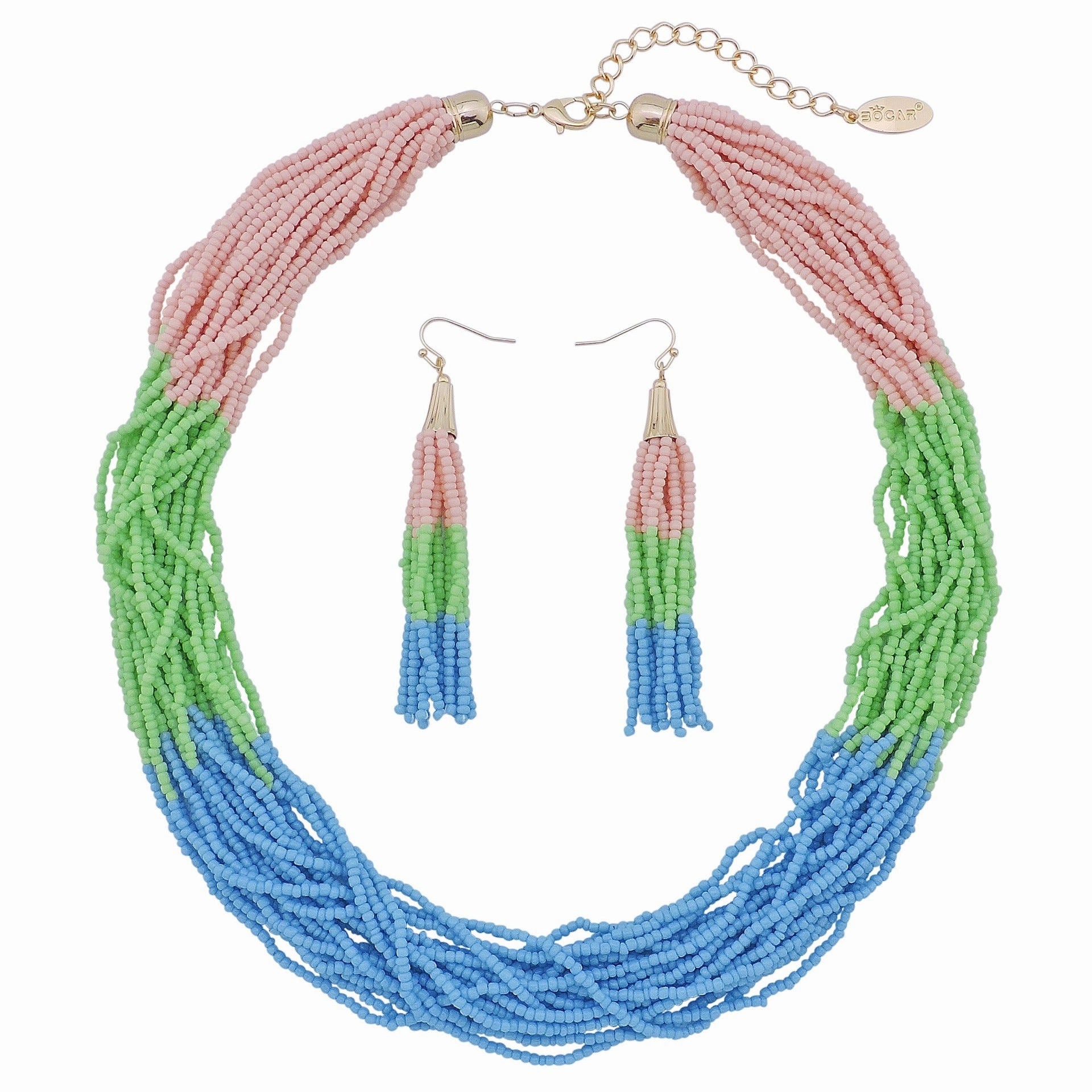 Wholesale Fashion Multi-layer Mixed Color Rice Bead Tassel Earrings Necklace