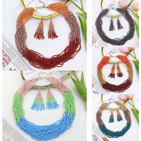 Wholesale Fashion Multi-layer Mixed Color Rice Bead Tassel Earrings Necklace