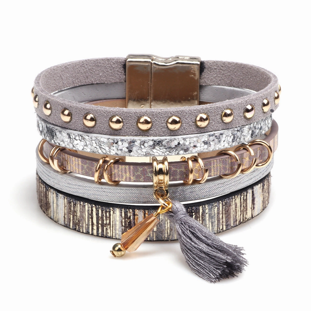 Wholesale Fashion Multi-layer Tassel Leather Magnetic Buckle Bracelet
