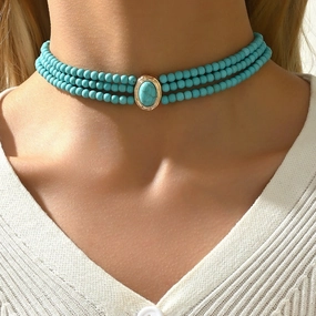 Wholesale Fashion Retro Geometric Beads Simple Turquoise Multi-layer Design Long Chain Alloy Clavicle Chain