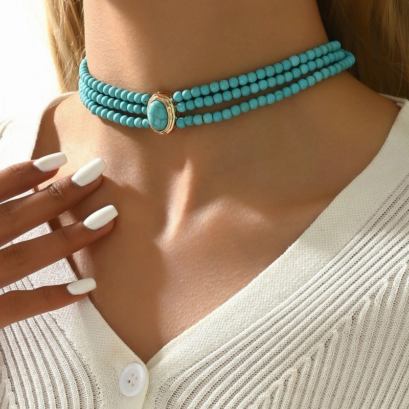 Wholesale Fashion Retro Geometric Beads Simple Turquoise Multi-layer Design Long Chain Alloy Clavicle Chain