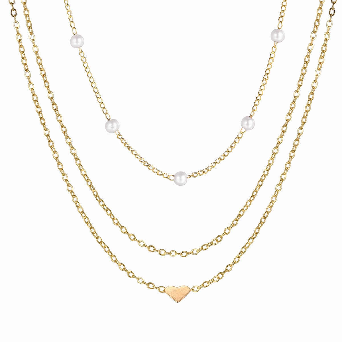 Wholesale Fashion Retro Heart Pearl Gold Multi-layer Stacking Clavicle Necklace