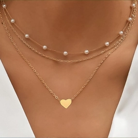 Wholesale Fashion Retro Heart Pearl Gold Multi-layer Stacking Clavicle Necklace
