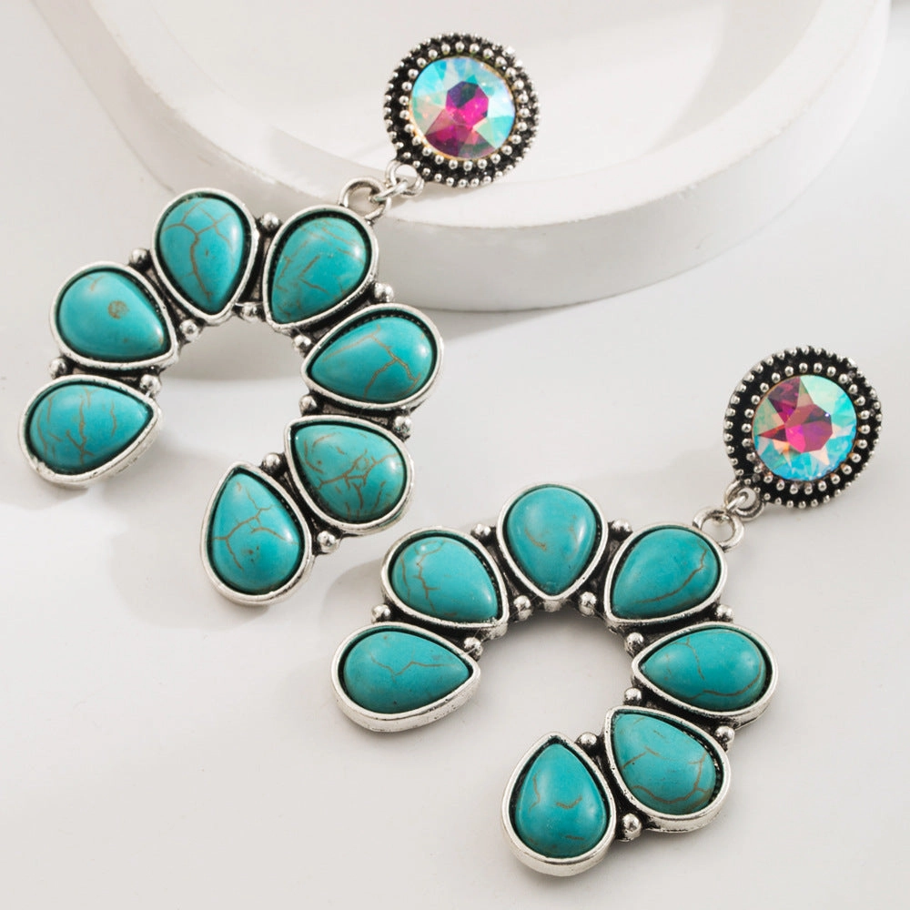 Wholesale Fashion Retro Turquoise Earrings High-end Bohemian Leopard Leather Exaggerated Earrings