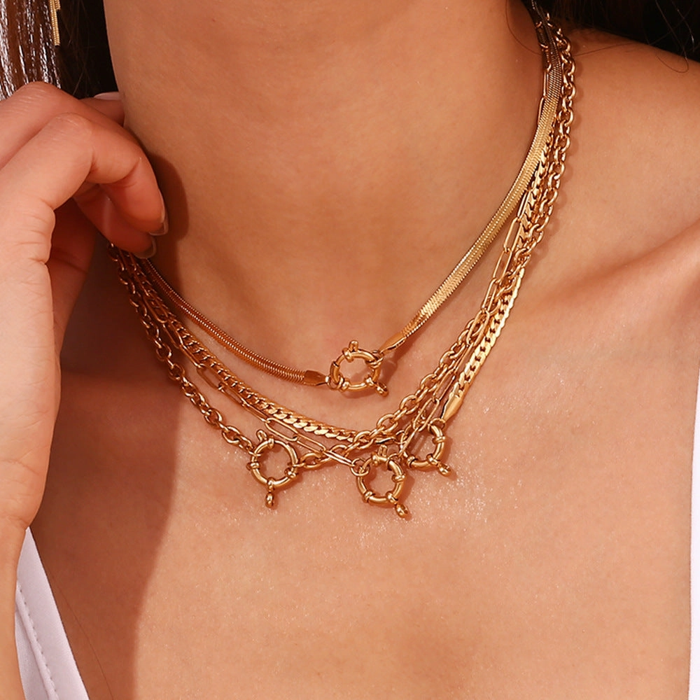Wholesale Fashion Simple 18K Gold Plated O-shaped NK Chain Spring Buckle Pendant Necklace