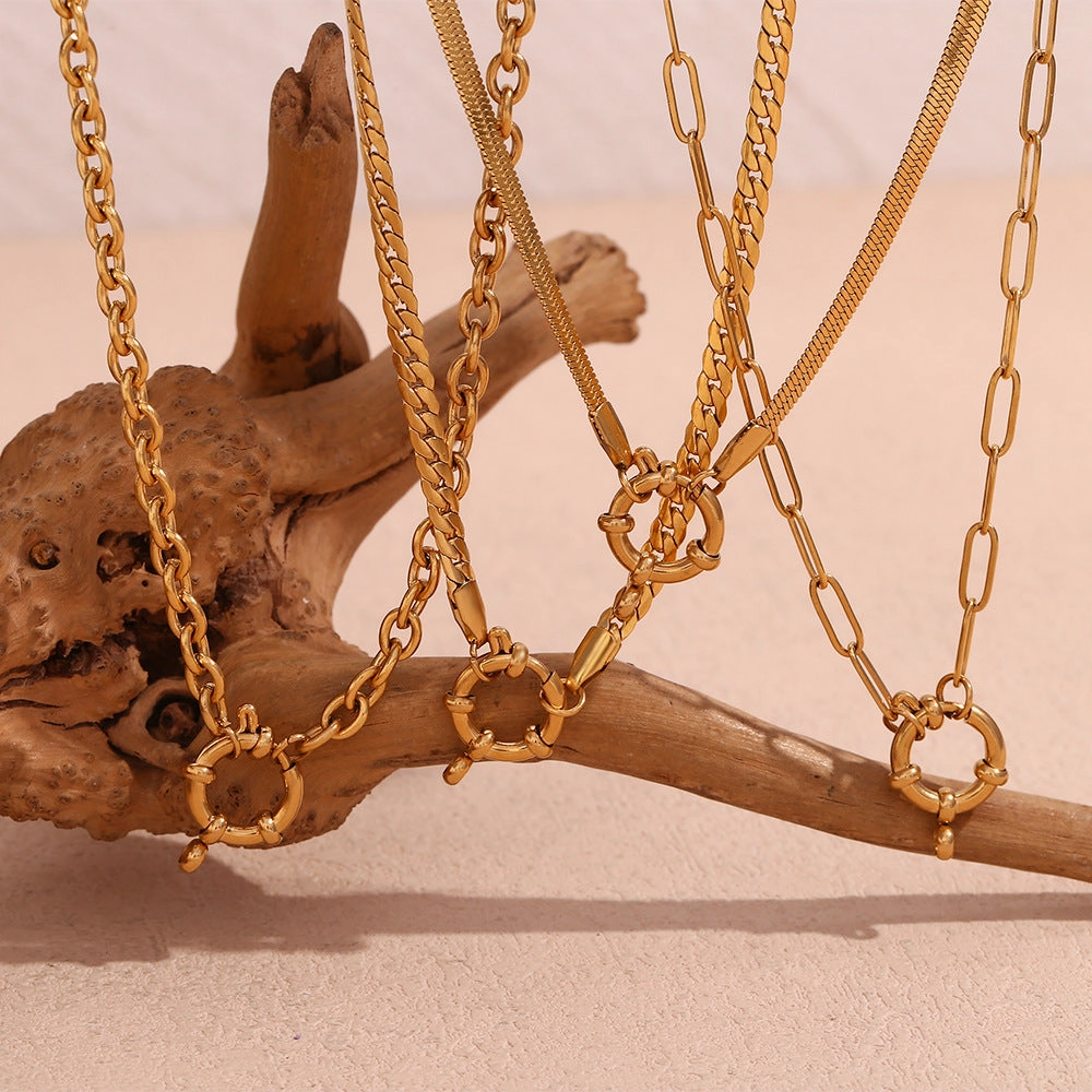 Wholesale Fashion Simple 18K Gold Plated O-shaped NK Chain Spring Buckle Pendant Necklace