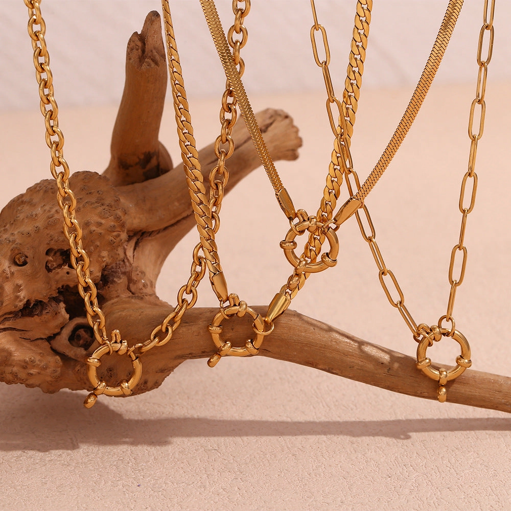 Wholesale Fashion Simple 18K Gold Plated O-shaped NK Chain Spring Buckle Pendant Necklace
