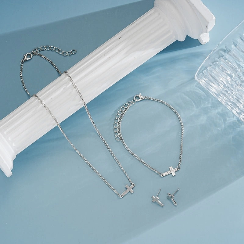 Wholesale Fashion Simple Niche Design Cross Earrings Bracelet Necklace Advanced Design Set
