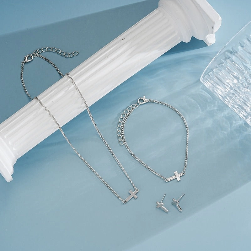 Wholesale Fashion Simple Niche Design Cross Earrings Bracelet Necklace Advanced Design Set