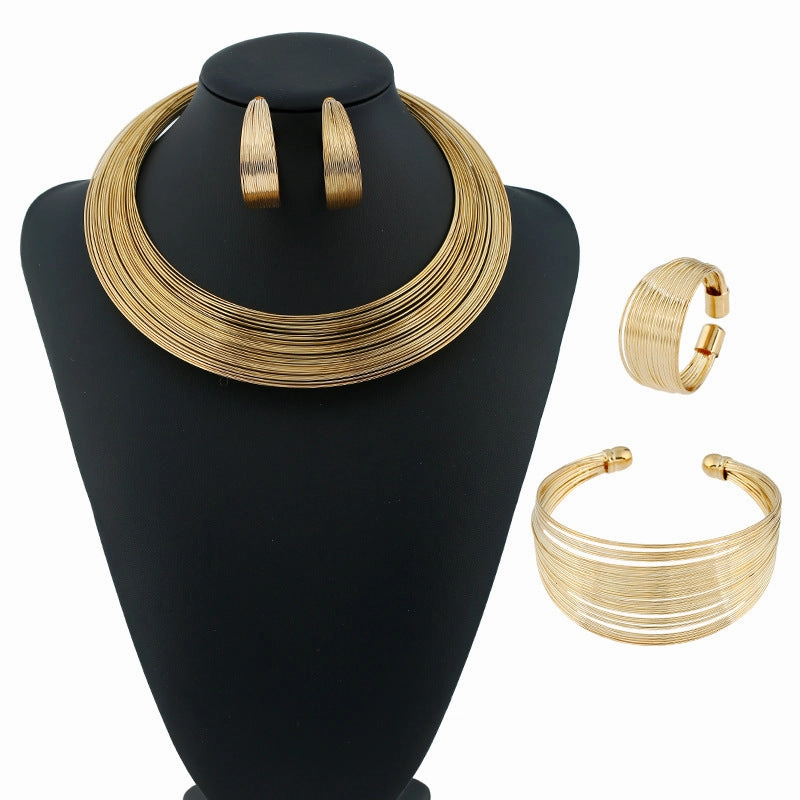 Wholesale fashion striped metal collar necklace four-piece bracelet ring earring collar