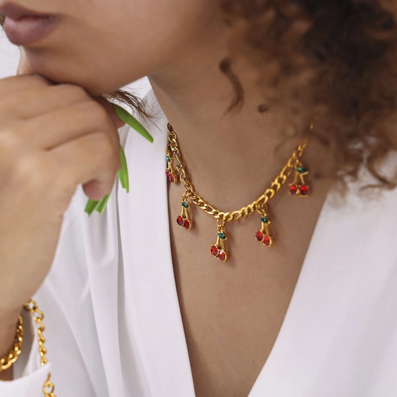 Wholesale Fashion Temperament Glass Stone Red Cherry Popular Simple Necklace Bracelet Set