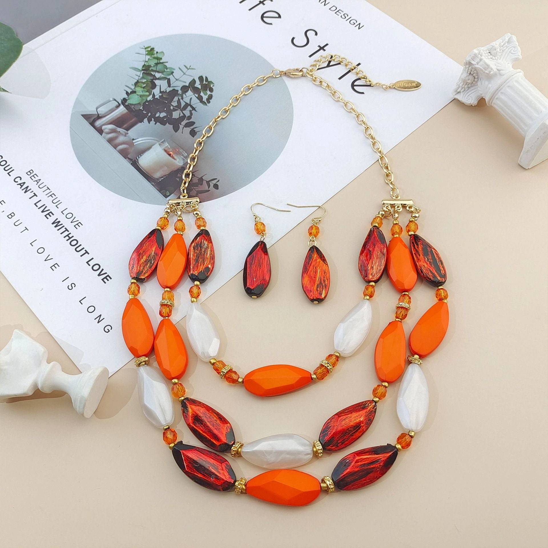 Wholesale Fashion Vintage Three-layer Acrylic Earrings Necklace