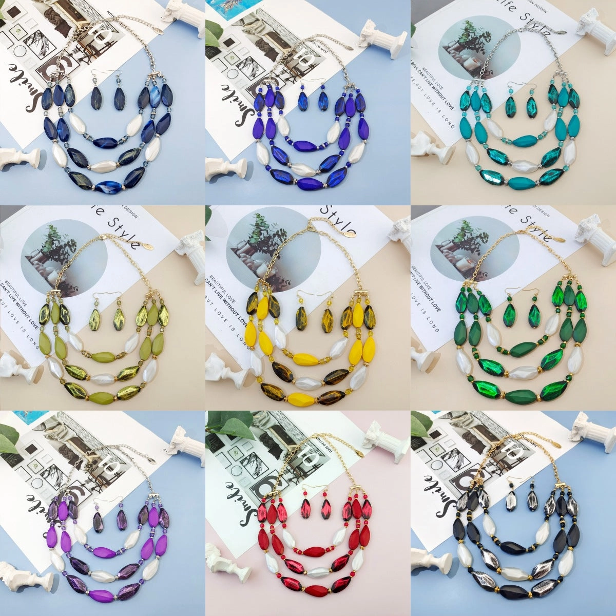 Wholesale Fashion Vintage Three-layer Acrylic Earrings Necklace