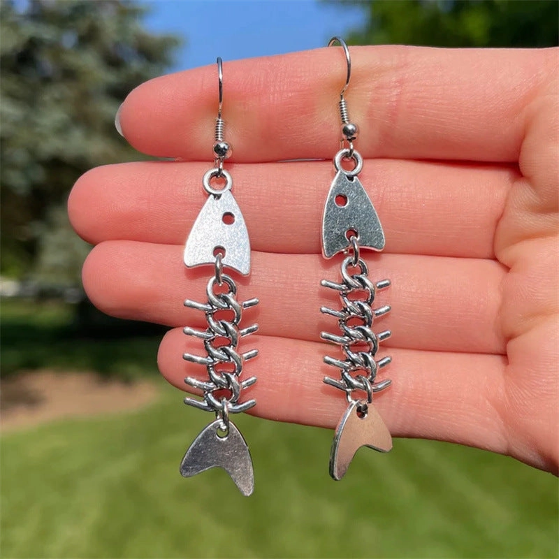 Wholesale Fashionable and Cool Fishbone Necklace Set Simple Personality Versatile Ancient Silver Earrings