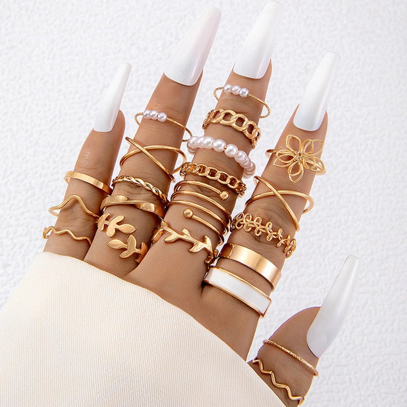 Wholesale Fashionable and versatile leaf heart personality geometric ring set