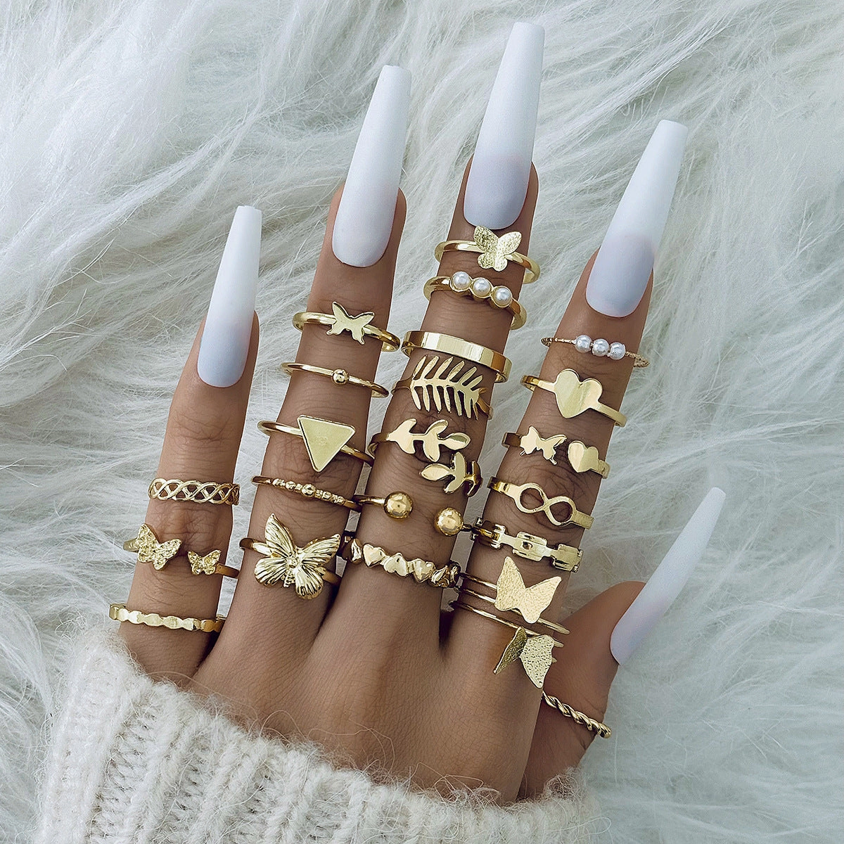Wholesale Fashionable and versatile leaf heart personality geometric ring set