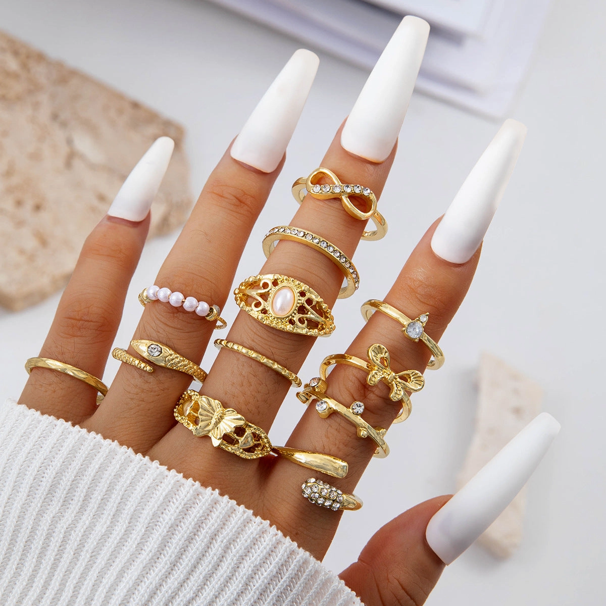 Wholesale Fashionable and versatile leaf heart personality geometric ring set