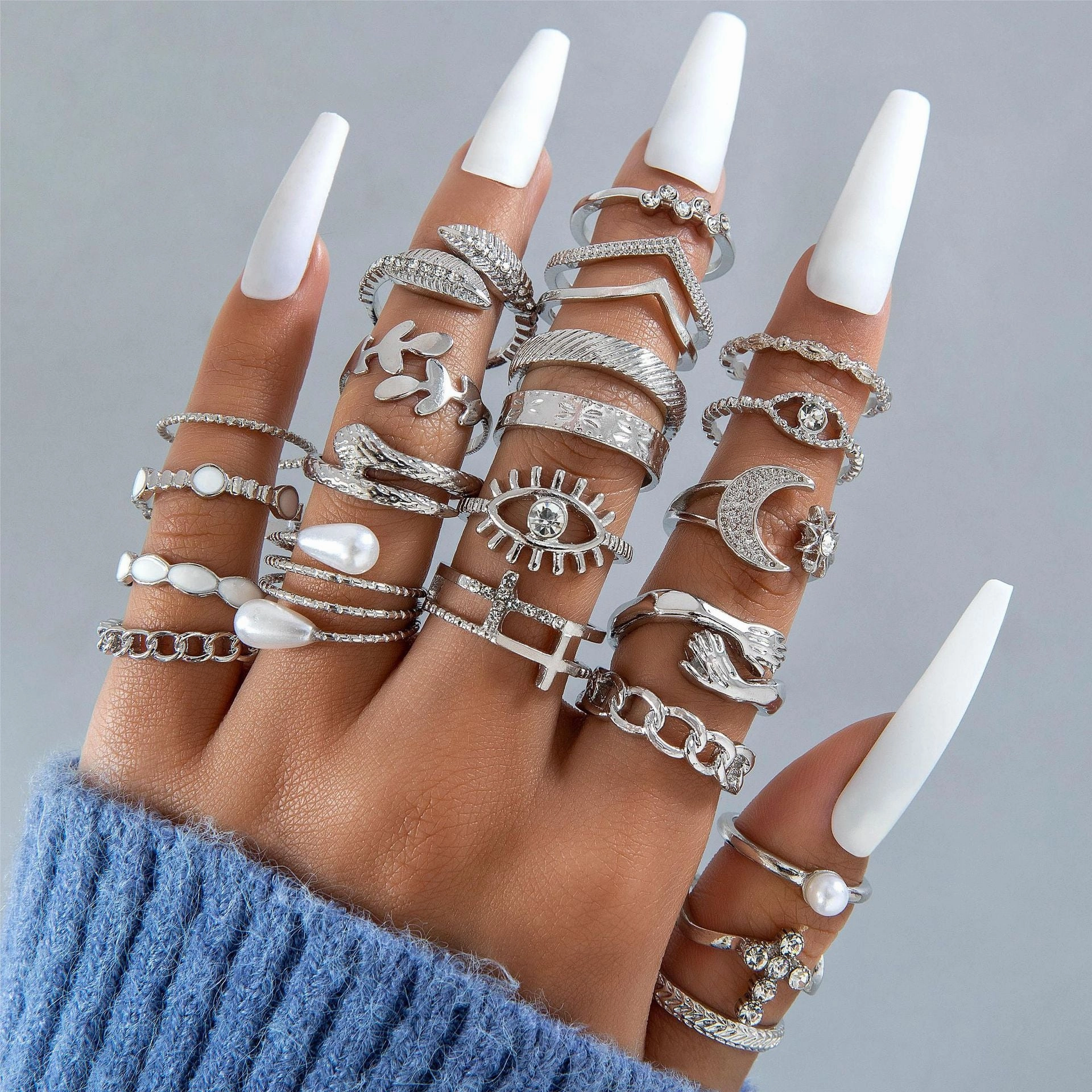 Wholesale Fashionable and versatile leaf heart personality geometric ring set