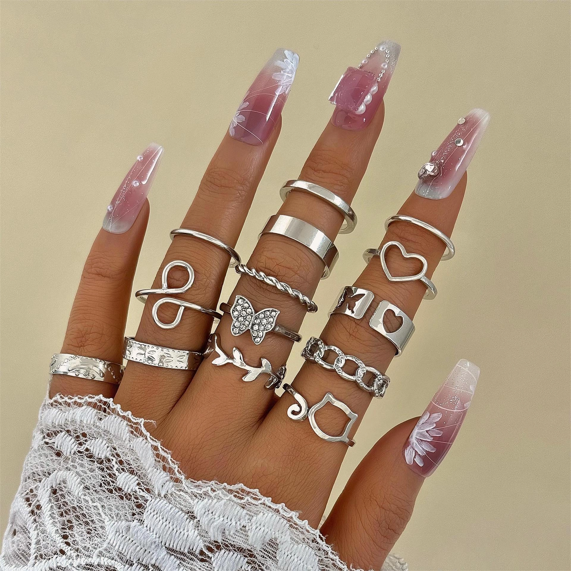 Wholesale Fashionable and versatile leaf heart personality geometric ring set