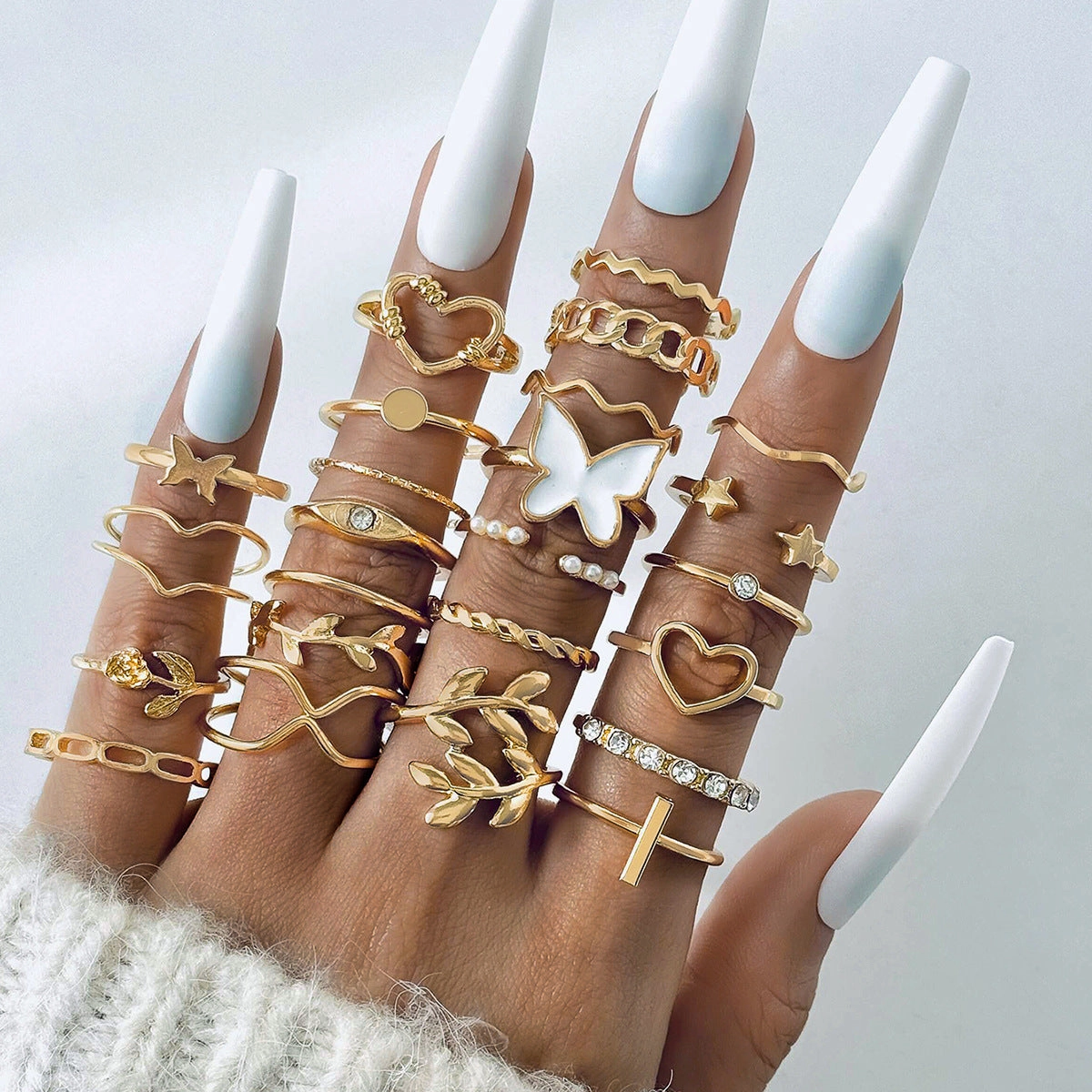 Wholesale Fashionable and versatile leaf heart personality geometric ring set