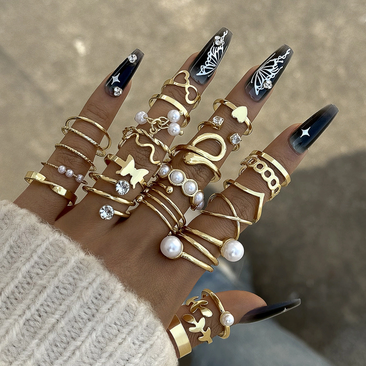 Wholesale Fashionable and versatile leaf heart personality geometric ring set