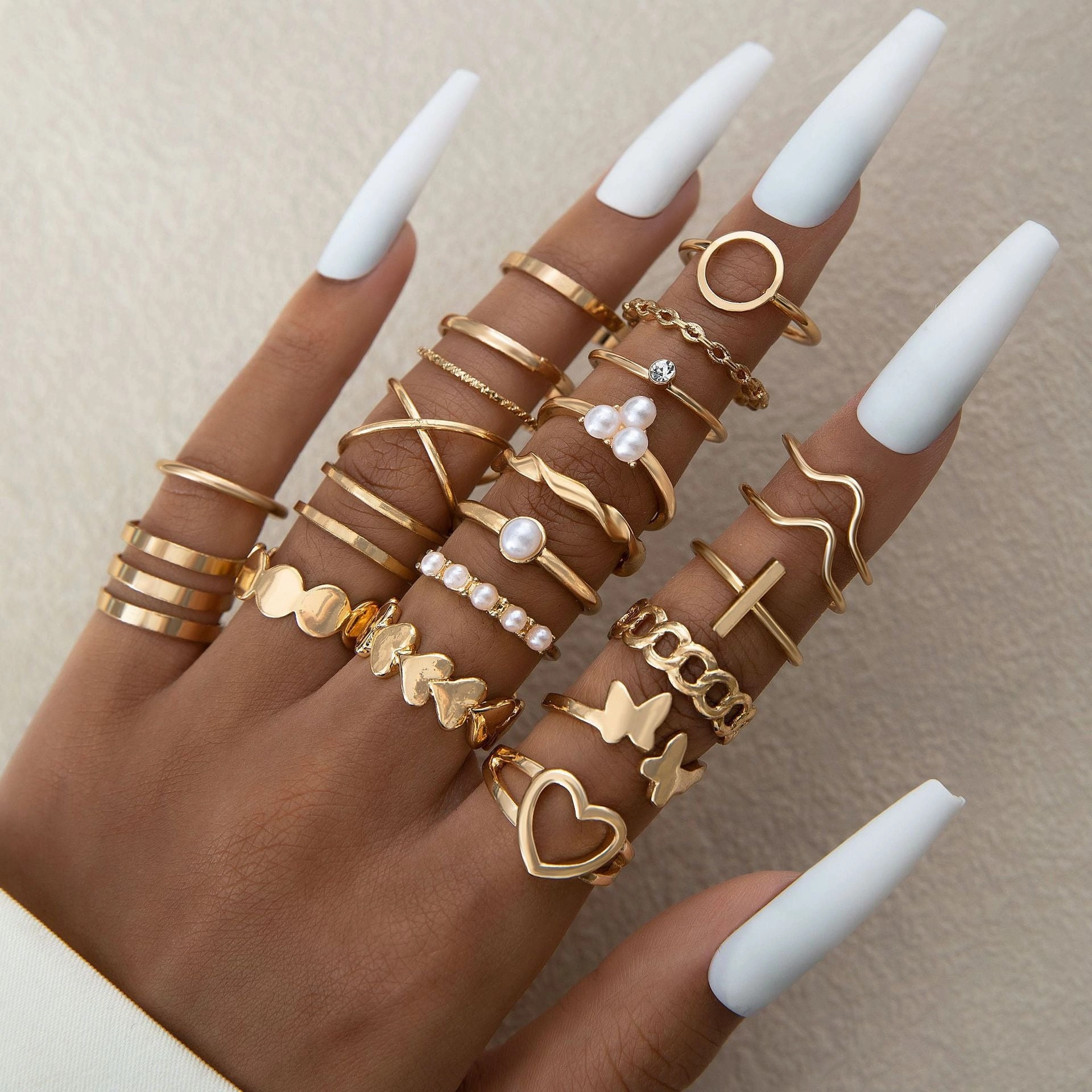 Wholesale Fashionable and versatile leaf heart personality geometric ring set