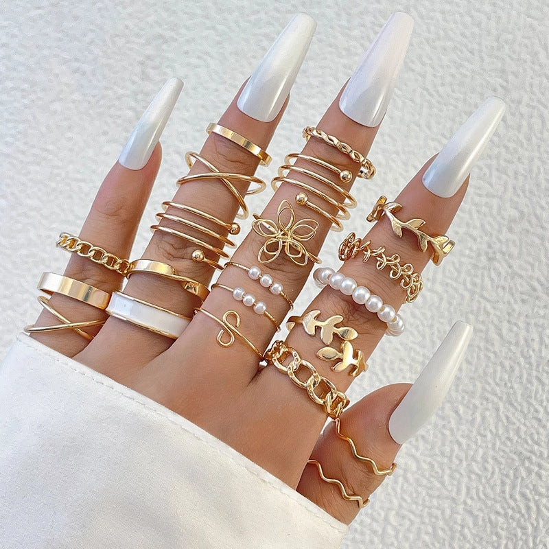 Wholesale Fashionable and versatile leaf heart personality geometric ring set