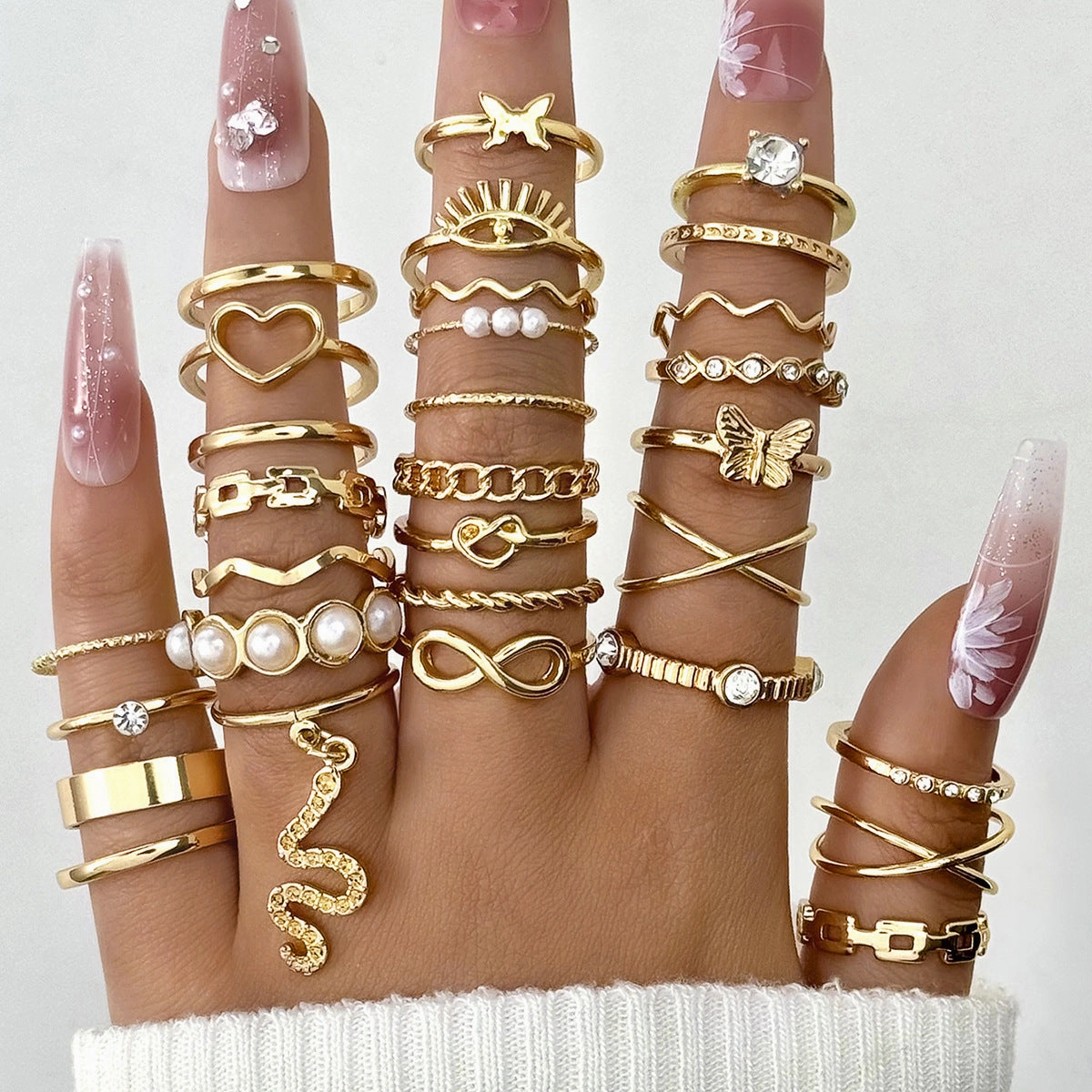 Wholesale Fashionable and versatile leaf heart personality geometric ring set