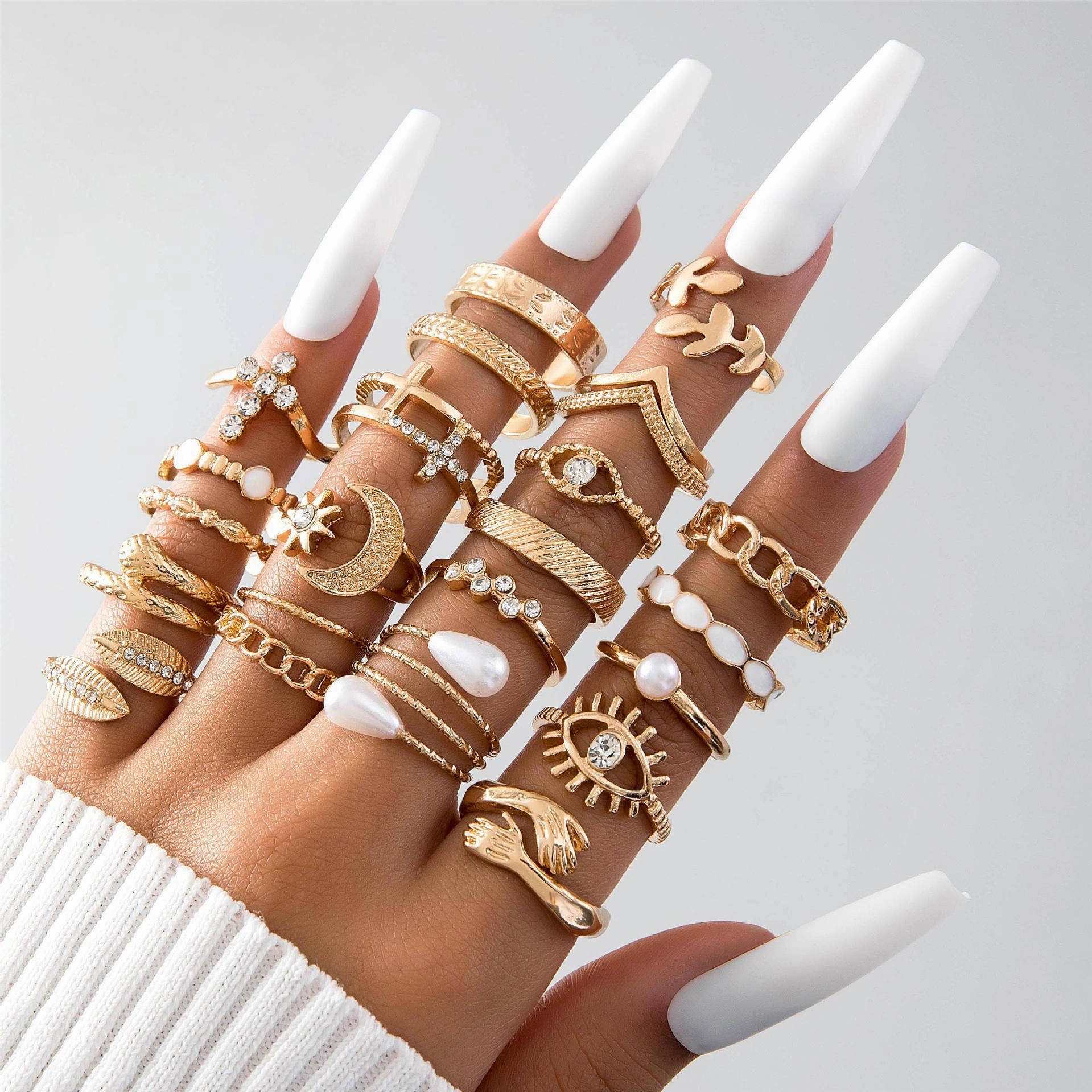 Wholesale Fashionable and versatile leaf heart personality geometric ring set