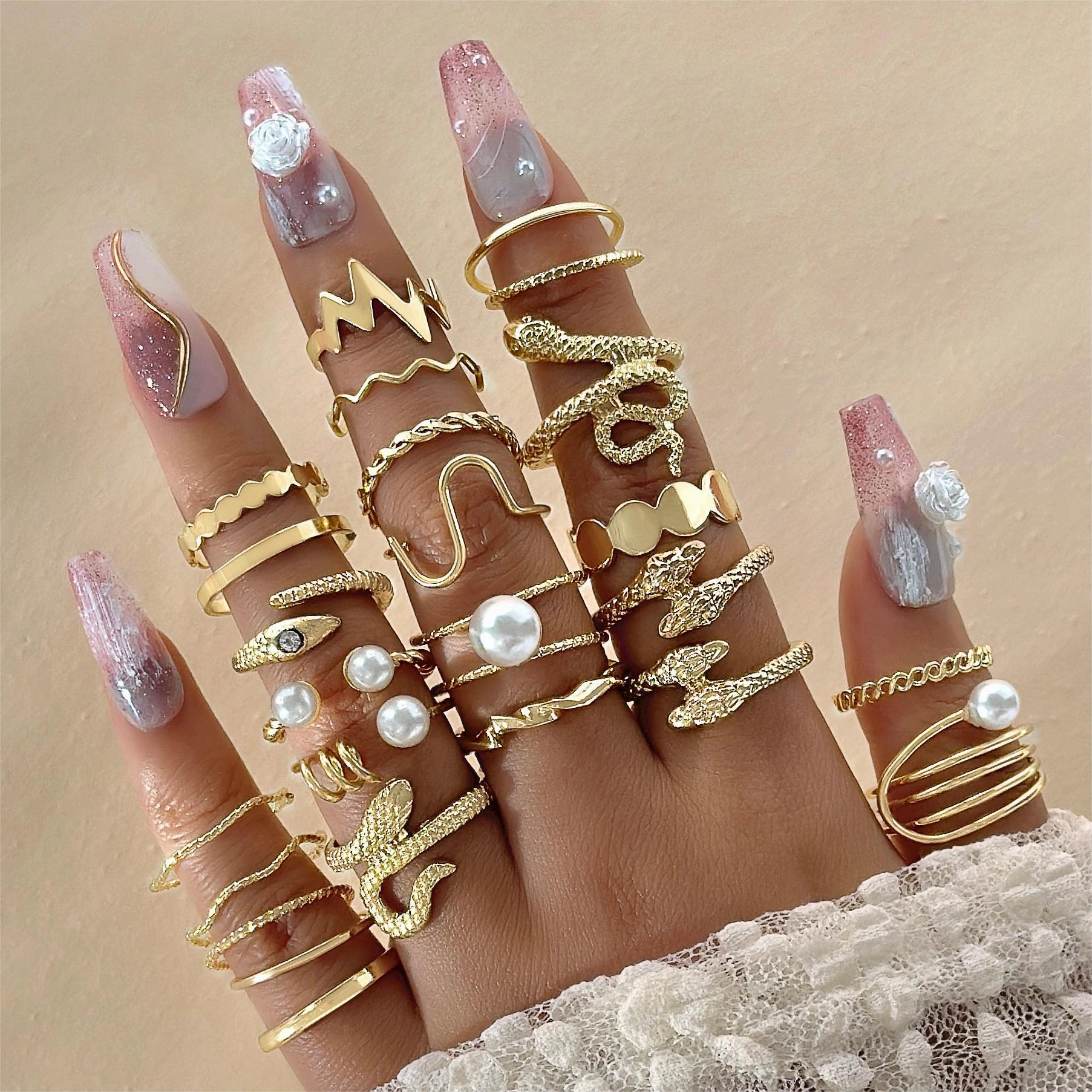 Wholesale Fashionable and versatile leaf heart personality geometric ring set