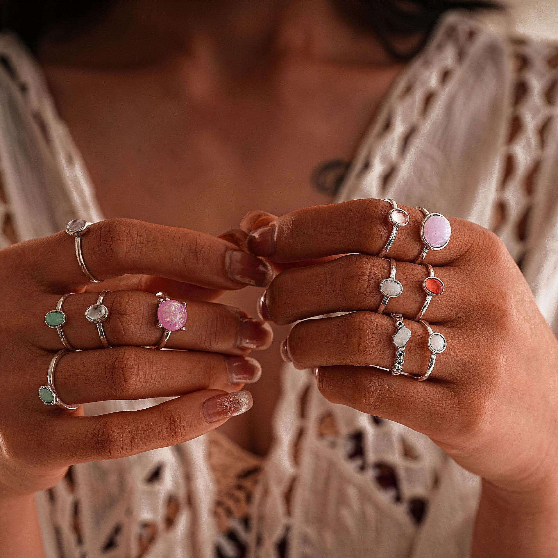 Wholesale Fashionable colorful candy-colored gemstone 11-piece ring set